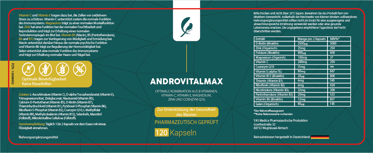 AndrovitalMax – Premium Männervitamine von YAS Medica. Für Männergesundheit und mehr Energie. Enthält bioaktive B-Vitamine, Magnesiumcitrat, Vitamin C, Zink, Selen aus Selenhefe, Coenzym Q10 und Ubichinon. Veganes Produkt ohne Zusätze mit antioxidativer Wirkung.